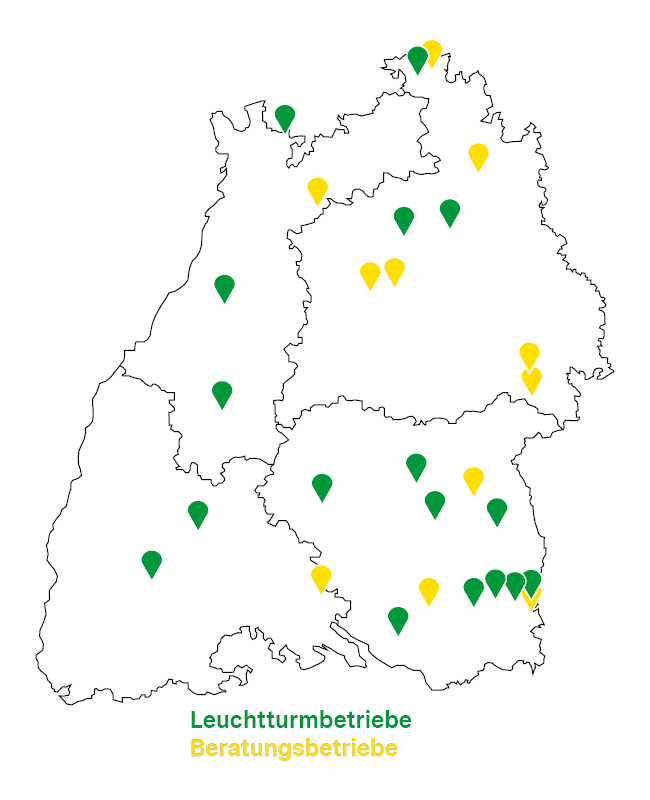 Landkarte Baden-Württemberg mit Leuchtturm- und Beratungsbetrieben des Projektes BWeidung